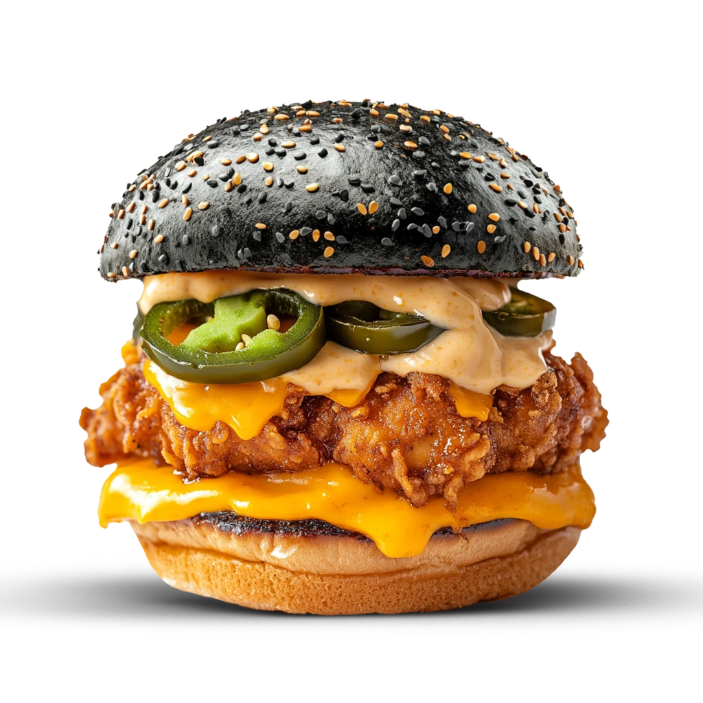 Blacko & Blanco Burger mit frittiertem Hähnchen, Tomate, Salat, Mayonnaise, Cocktailsauce (leicht scharf), geschmolzener Käse (Mozzarella), Jalapeños, Nachos