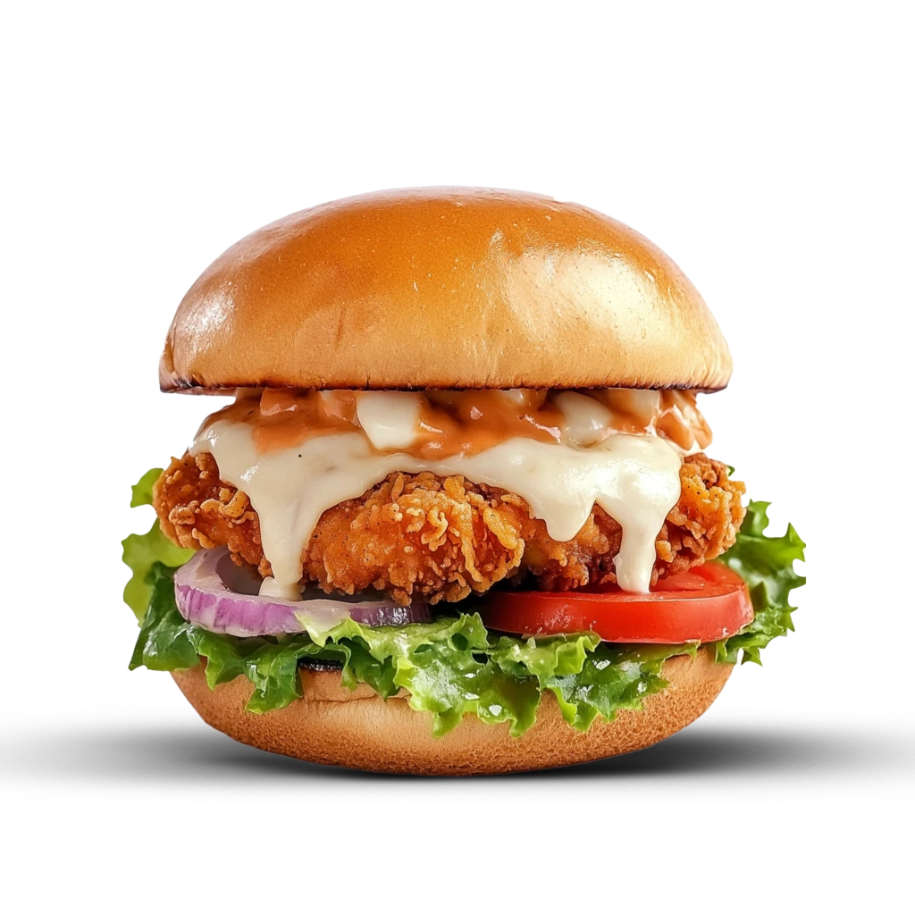 Cheesy Burger mit frittiertem Hähnchen, Tomate, grüner Salat, Gewürzgurke, Mayonnaise, Cocktailsauce (leicht scharf), geschmolzener Käse (Kräuter & Mozzarella)