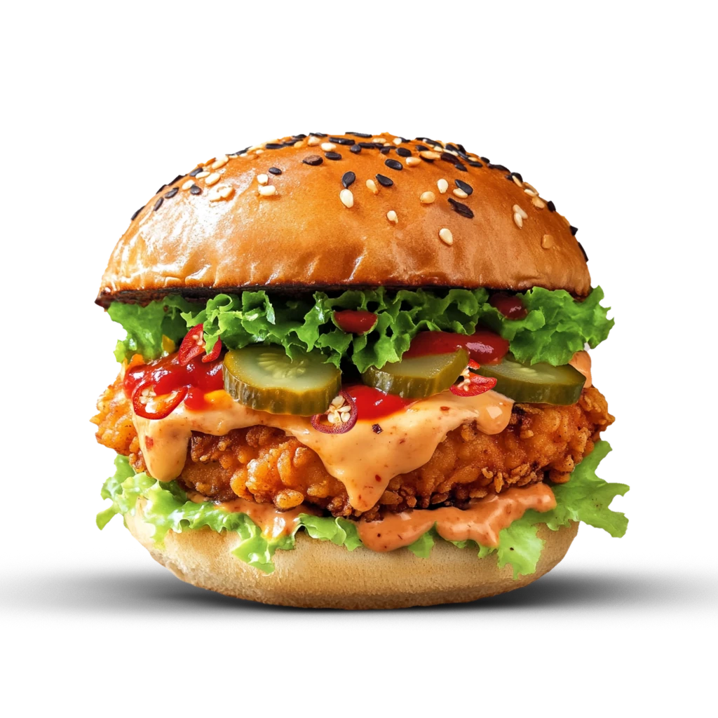 Chili Cheese Burger mit frittiertem Hähnchen, Tomate, Salat, Gewürzgurke, rote Zwiebel, Cocktailsauce (leicht scharf), Chili, geschmolzener Käse (Mozzarella), Chili-Paprika