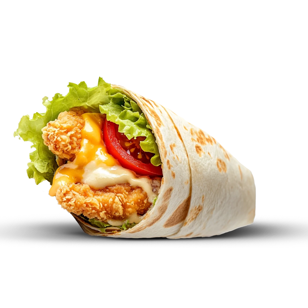 Classic Wrap mit frittiertem Hähnchen, Tomaten, grüner Salat, Käse, Mayonnaise
