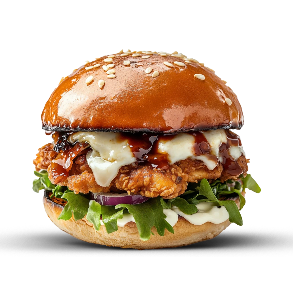Crispy Bacon Burger mit frittiertem Hähnchen, Tomate, Salat, Gewürzgurke, Mayonnaise, Cocktailsauce (leicht scharf), Puten-Bacon (halal), geschmolzener Käse (Mozzarella) und BBQ Gewürz