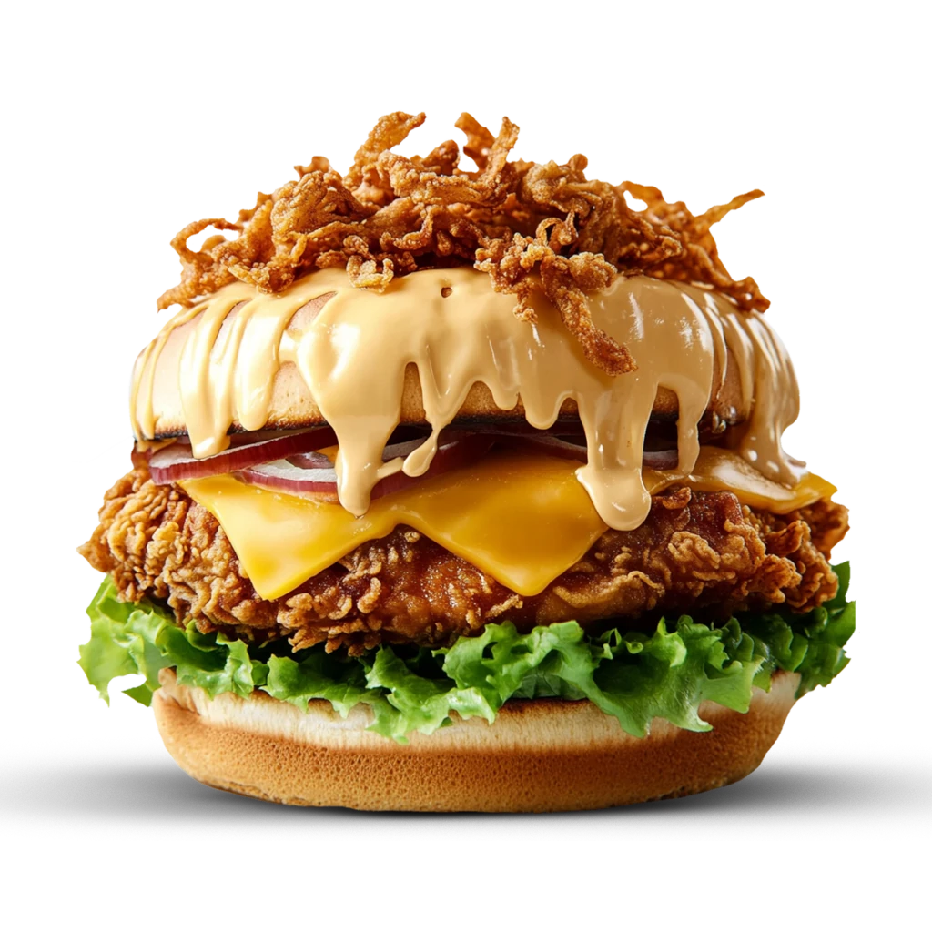 Crispy BielBi Burger mit frittiertem Hähnchen, Krautsalat, Käse, Tartarsauce, garniert mit geschmolzenem Käse und Röstzwiebeln