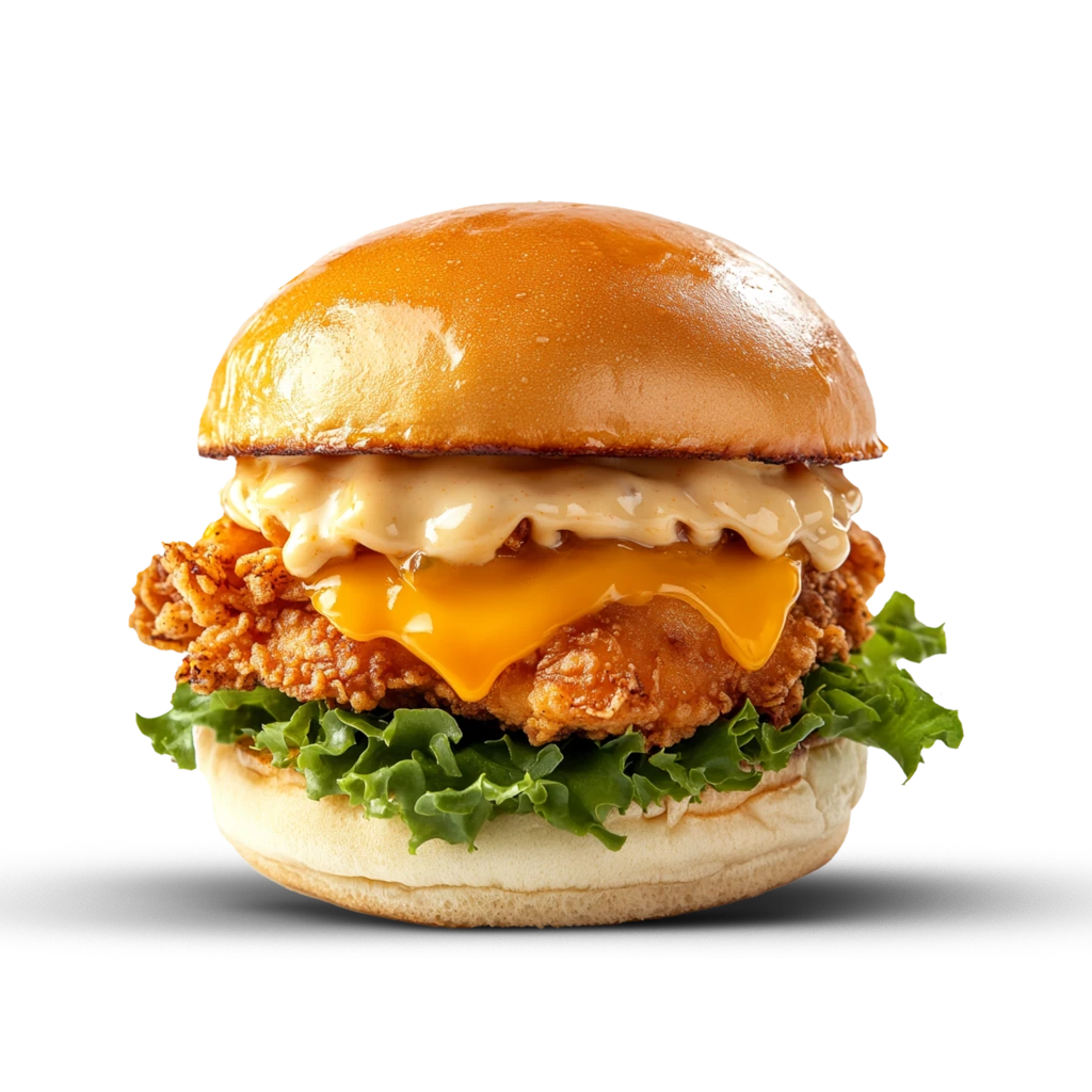 Crispy Burger mit Frittiertem Hähnchen, Tomate, Salat, Käse (Cheddar), Mayonnaise, Cocktailsauce (leicht scharf)
