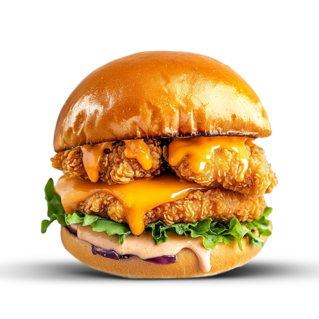 Double Crispy Burger mit doppelter Portion frittiertem Hähnchen, Tomate, Salat, Käse, Mayonnaise, Cocktailsauce (leicht scharf)